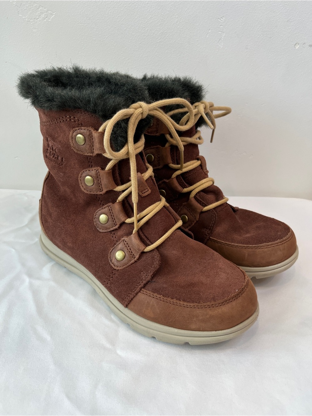 Sorel Explorer Joan Waterproof Suede Winter Boots Burro Brown Womens Size 8 NL30